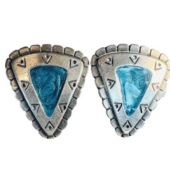 Vtg Southwest Triangular Clip-On Silver-tone Earrings Turquoise Resin Inlay - Picture 2 of 6